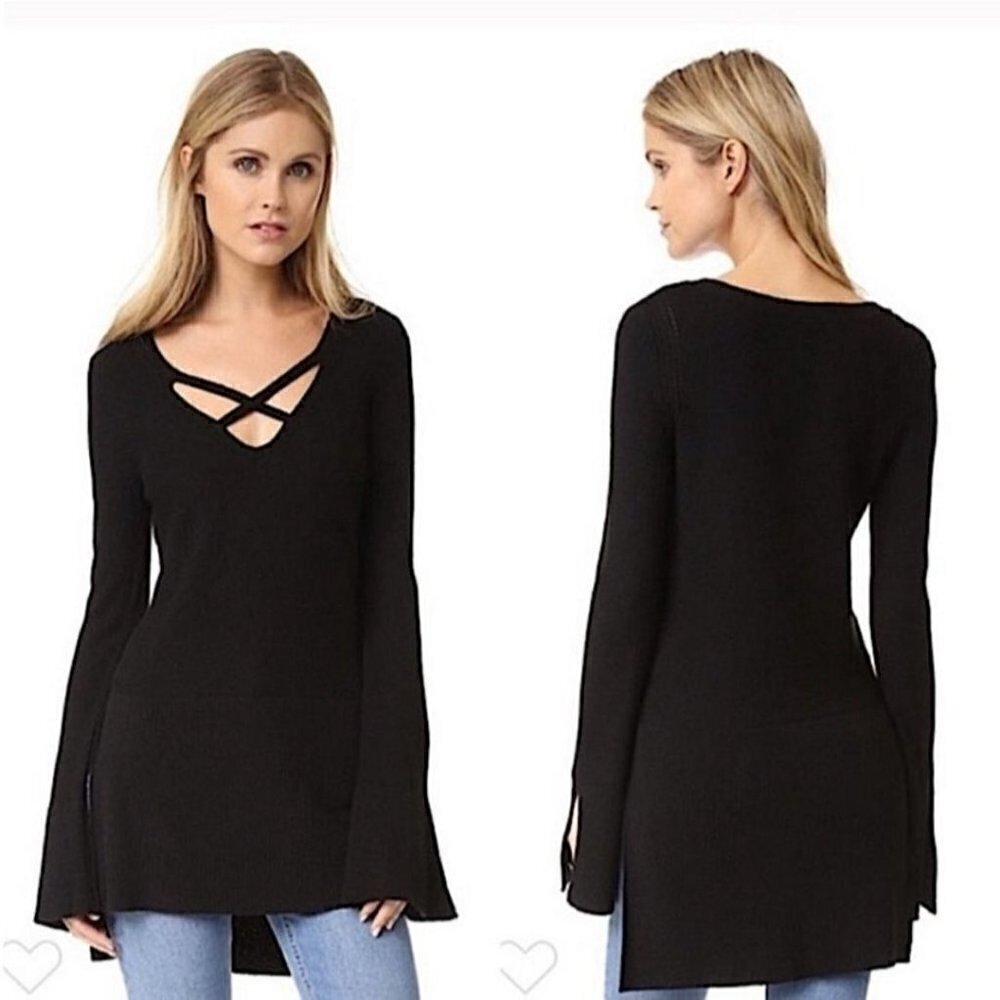 Free People Black Crisscross V Neck High Low Witchcore Tunic Sweater Size XS